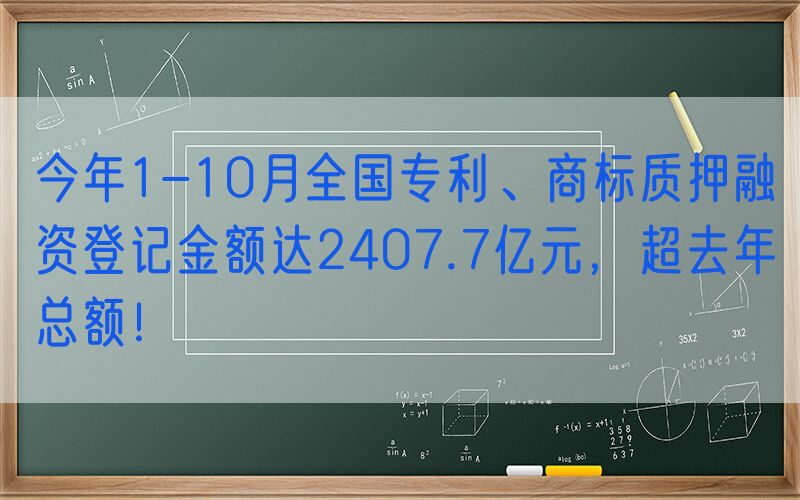 今年1-10月全国专利、商标质押融资登记金额达2407.7亿元，超去年总额！